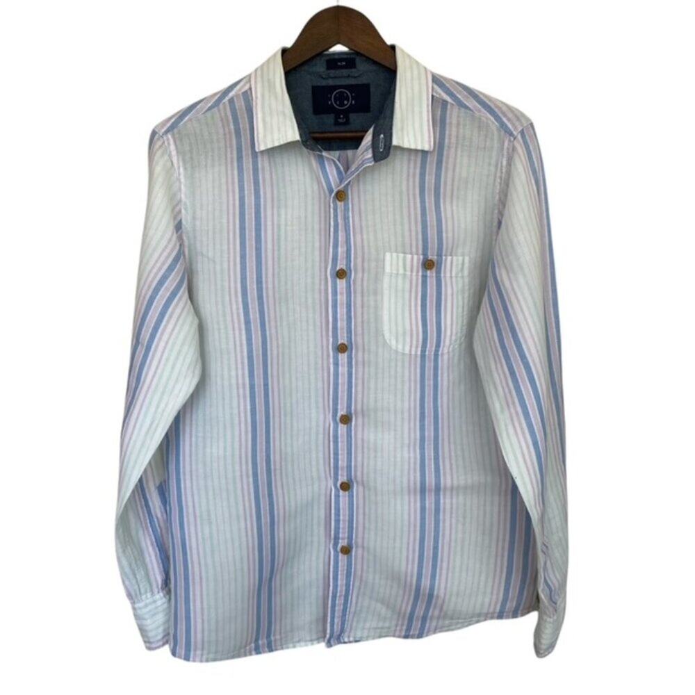 Even Tide White, Light Blue, Pink Striped Linen Blend Slim Button Up - Medium